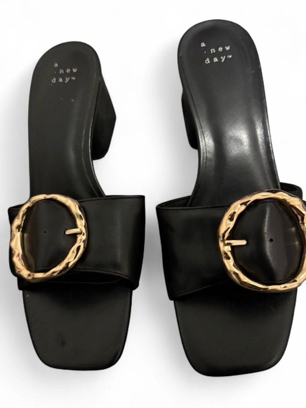 a new day Black Slide Mules with Gold Textured Buckle